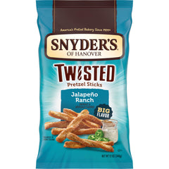 Snyder's of Hanover Jalapeño Ranch Twisted Pretzel Sticks pack shot highlights bold jalapeño flavor, ideal for sharing.