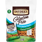 Snyder's of Hanover gluten-free pretzel sticks front view on display, gluten-free snack option
