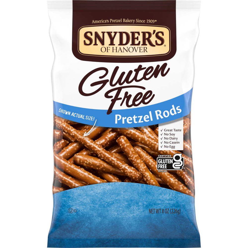 Snyder's of Hanover gluten-free pretzels front view, crisp bite for snacking.