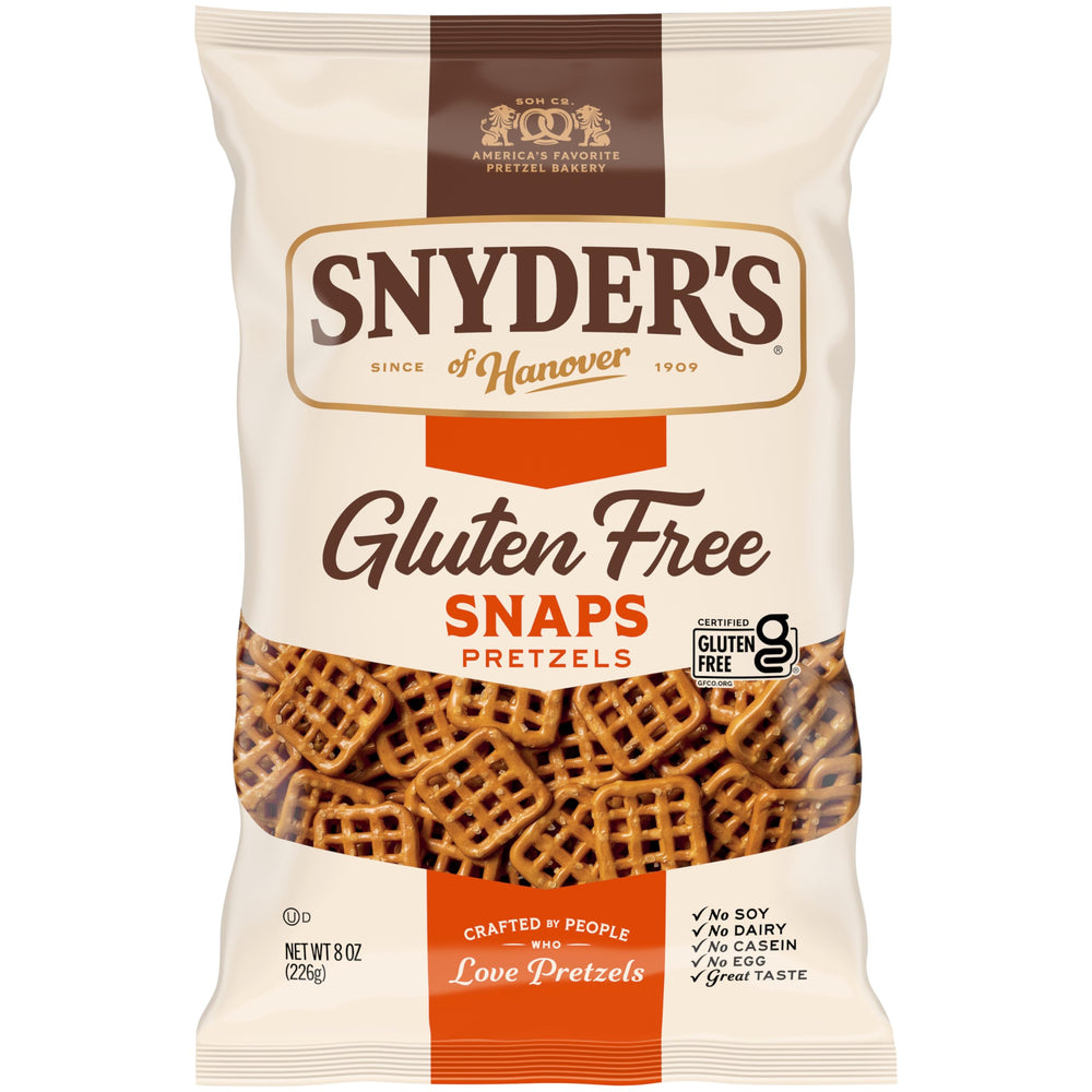 Snyder's of Hanover Gluten Free Snaps bag close-up highlighting gluten-free crunch.