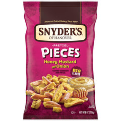 Snyder's of Hanover honey mustard and onion pretzel pieces in the bag, ready for snacking.