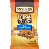 Snyder's of Hanover peanut butter filled pretzel pieces bag close-up, ideal for lunchbox snacks.