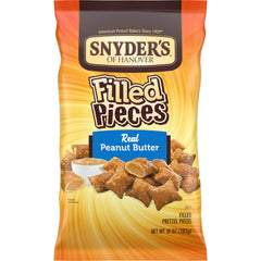 Snyder's of Hanover peanut butter filled pretzel pieces bag close-up, ideal for lunchbox snacks.