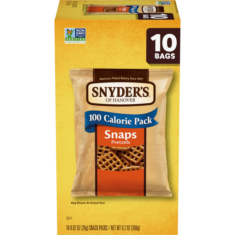 Snyder's of Hanover Snaps packaging shown, a crunchy on-the-go snack option.