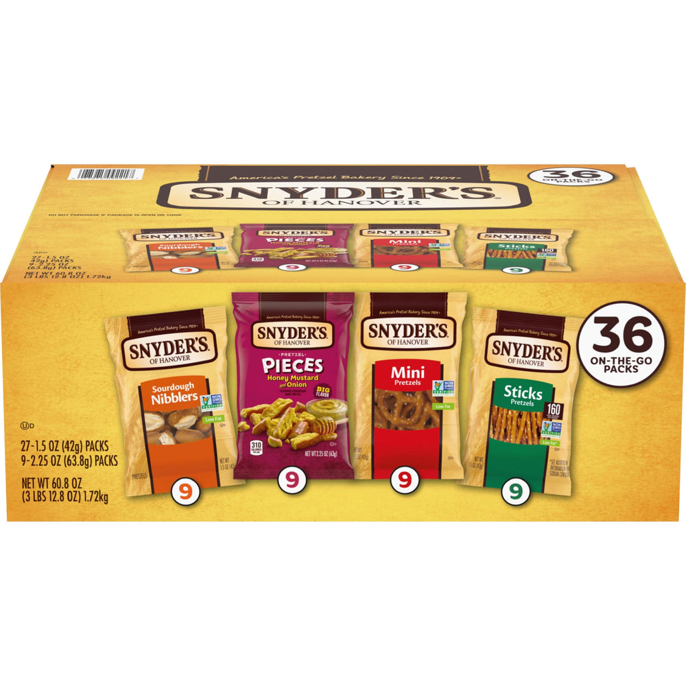 Snyder's of Hanover variety pack front view, perfect for parties and pantry stocking.