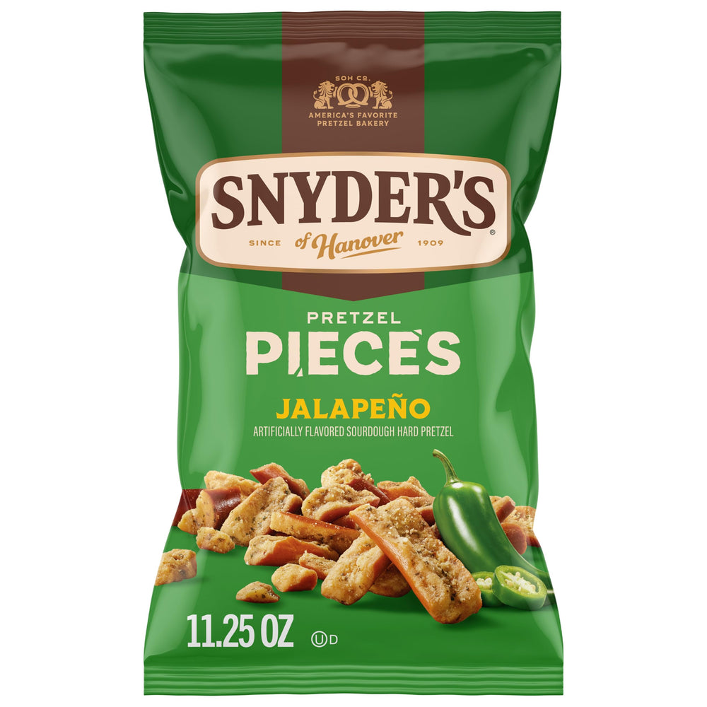 Snyder's of Hanover jalapeño pretzel pieces bag showcases bold crunch for snacking