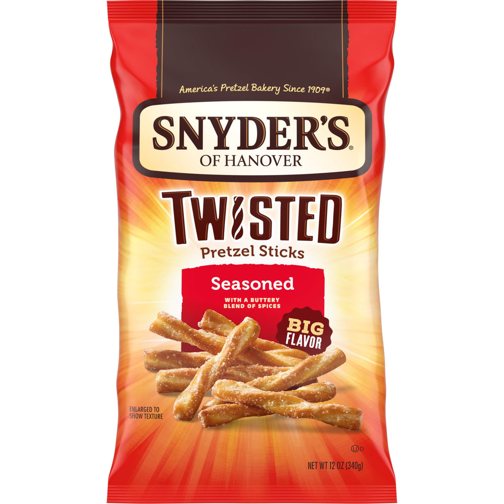 Snyder's of Hanover Seasoned Twisted Pretzel Sticks, unopened bag, ideal for quick snacking.