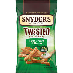 Snyder's Sour Cream & Onion Twisted Pretzel Sticks 12oz bag ready for sharing