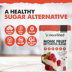 So Nourished Monk Fruit Sweetener granules in a measuring cup, 1:1 sugar substitute for recipes.