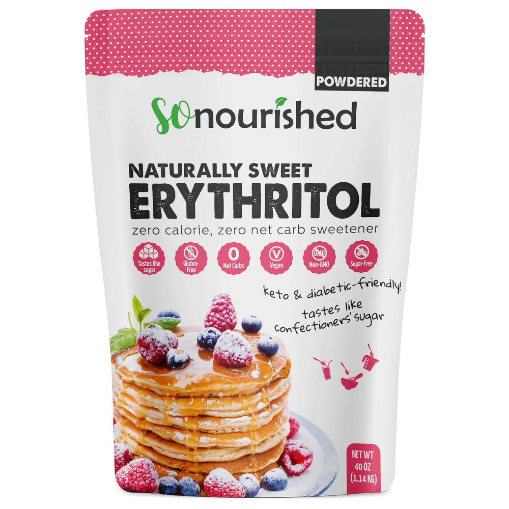 So Nourished erythritol bottle showing keto-friendly sugar substitute for baking