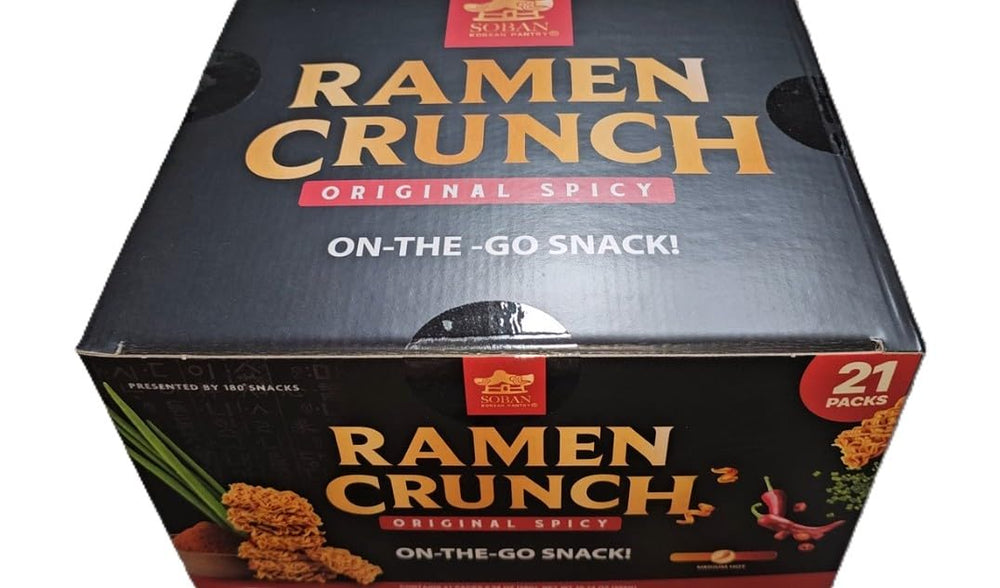 Soban Ramen Crunch Original Spicy pouch close-up, ready-to-eat snack for quick cravings on the go