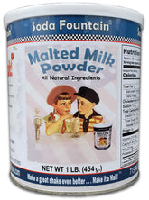Soda Fountain Malted Milk Powder 1lb canister label highlighting authentic flavor potential