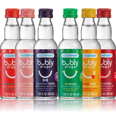 Sodastream Bubly Drops strawberry bottle close-up for zero-calorie sparkling water.