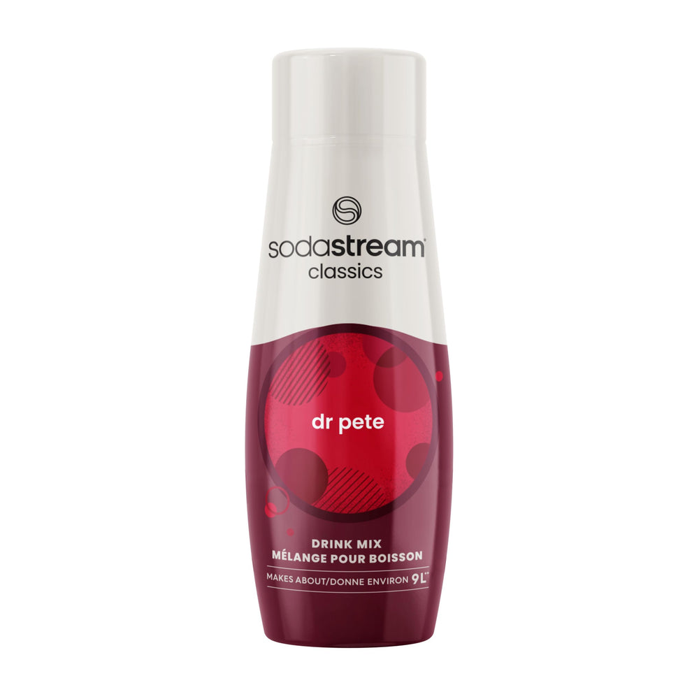 Sodastream Dr. Pete Syrup bottle for at-home sparkling drinks.