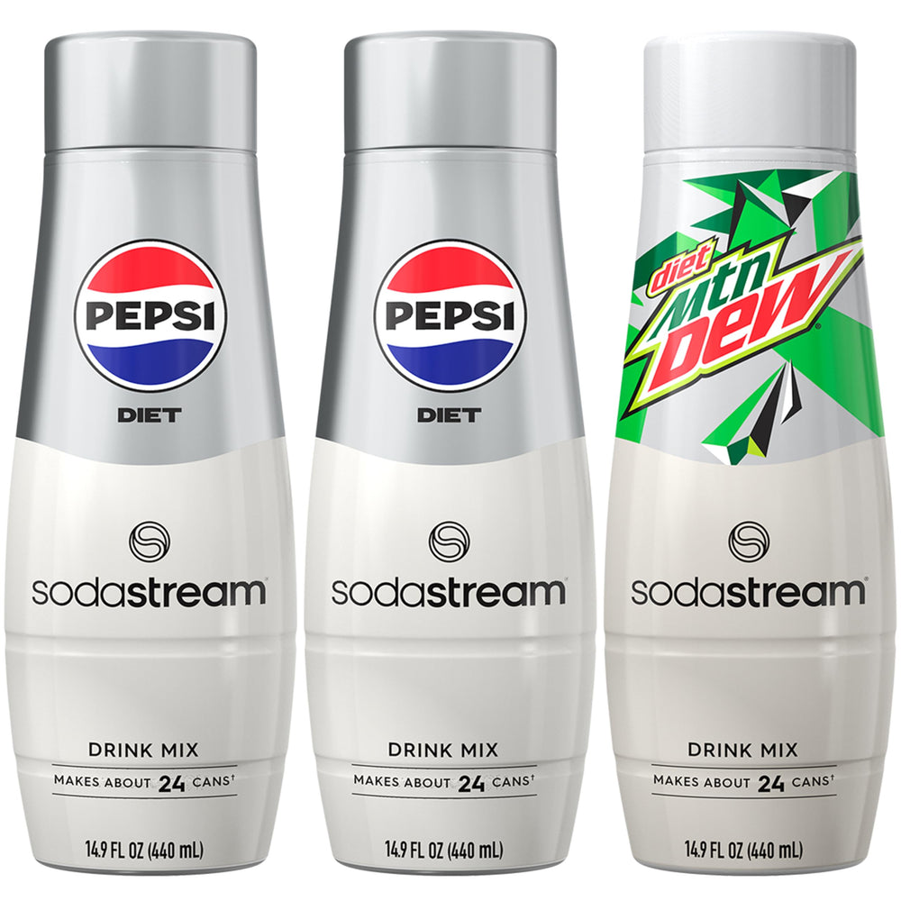Sodastream Pepsi Diet variety pack hero on kitchen counter offering zero-calorie flavor options.