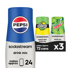 SodaStream Pepsi Starry MTN Dew 3-pack front view for at-home flavoring