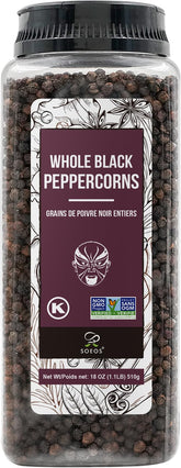 Soeos Black Peppercorns whole in 18oz jar for grinder refills.