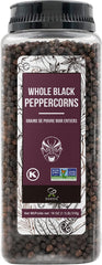 Soeos Black Peppercorns whole in 18oz jar for grinder refills.