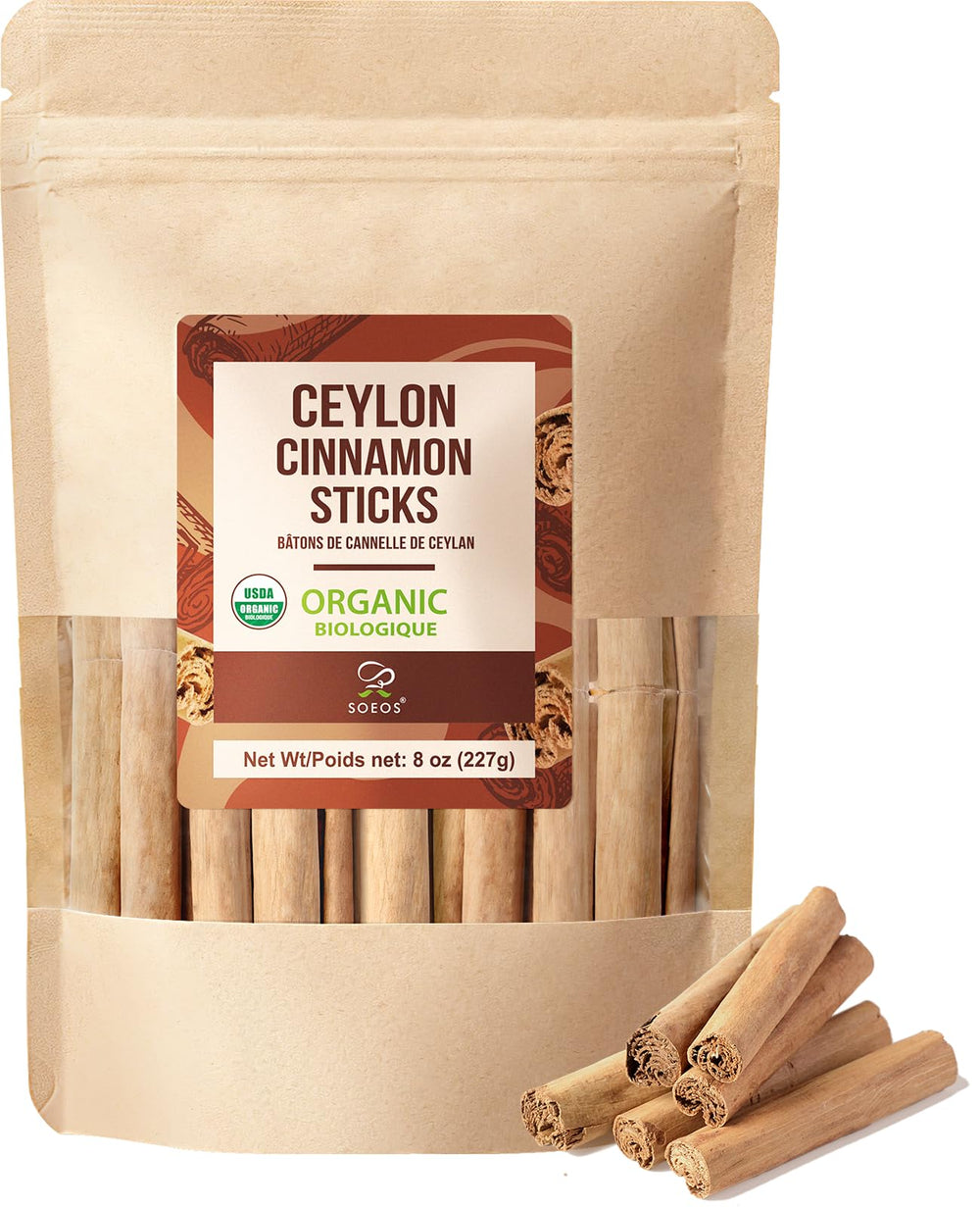 Soeos Ceylon cinnamon sticks closeup in 8 oz packaging, ideal for baking
