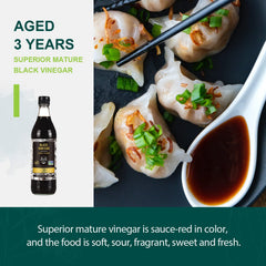 Soeos Chinkiang aging process reveals dark brown hue for authentic flavor.