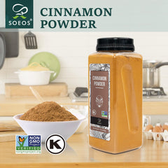 Soeos Cinnamon Powder bottle closeup emphasizes aroma and even texture.