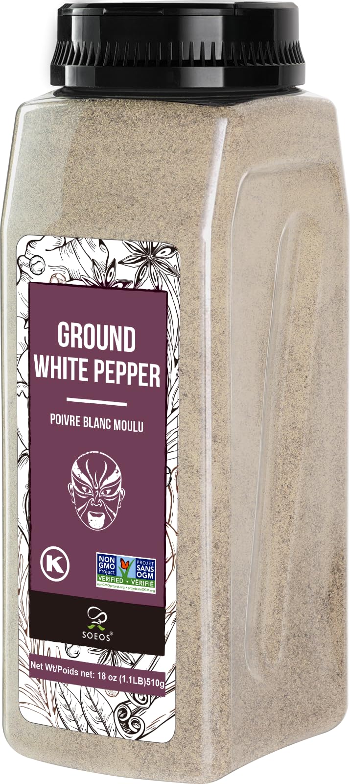 Soeos fine-ground white pepper 18oz pack-shot for premium seasoning and freshness