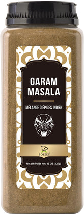 Soeos Garam Masala bottle close-up showing warm spice aroma for curries.