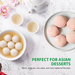 Soeos mochi made with glutinous rice flour offers a delicate chew and subtle sweetness.