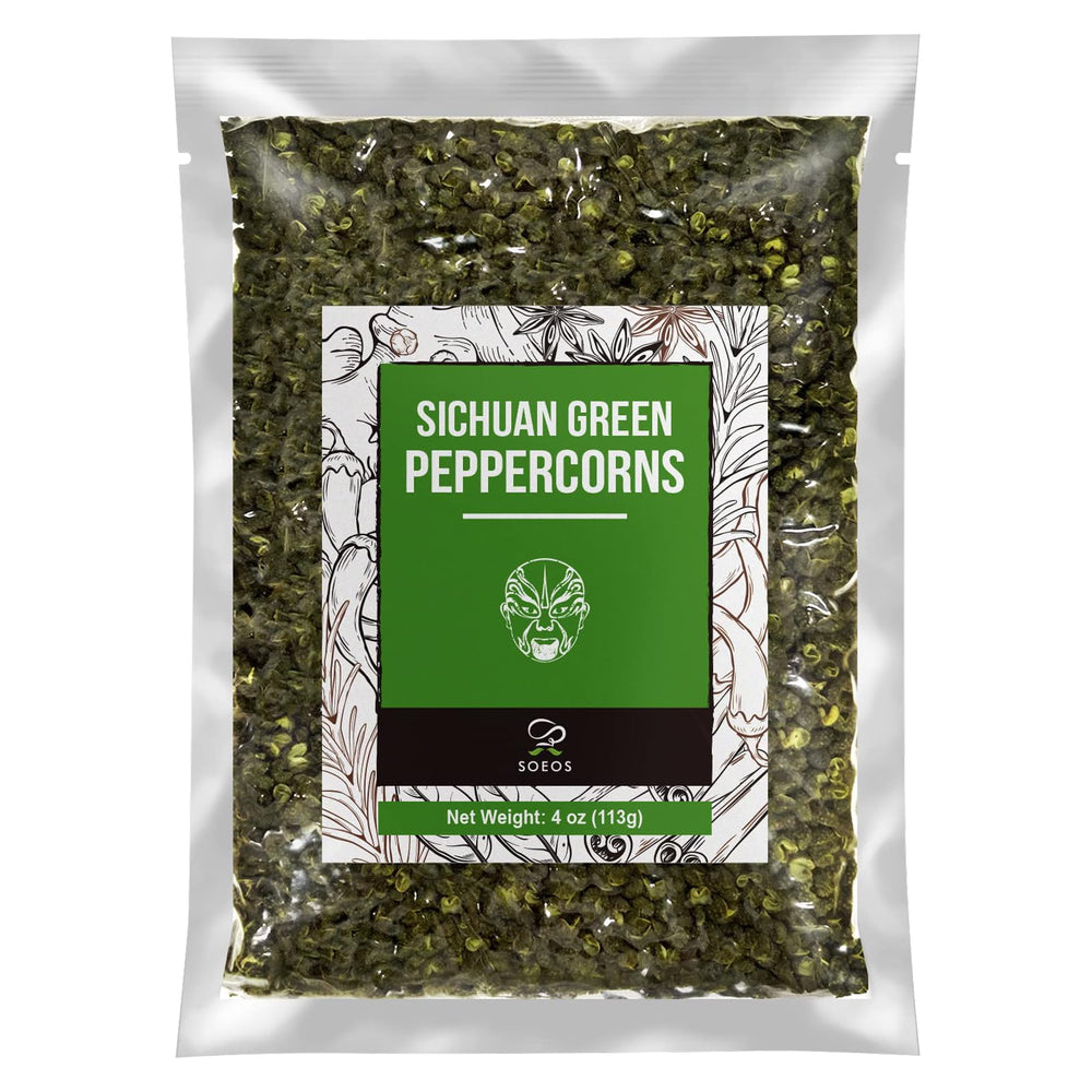 Soeos green peppercorns bottle pour for vibrant aroma and crisp flavor.