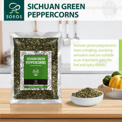 Soeos green peppercorns dried seeds on shelf indicate freshness and storage care.