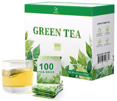 Soeos Green Tea packaging shows the 100 tea bags for convenient brewing.