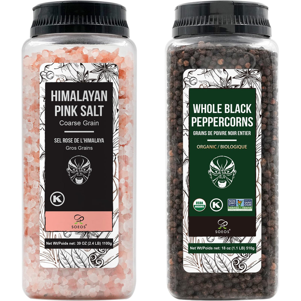 Soeos Himalayan pink salt coarse crystals for gourmet seasoning.