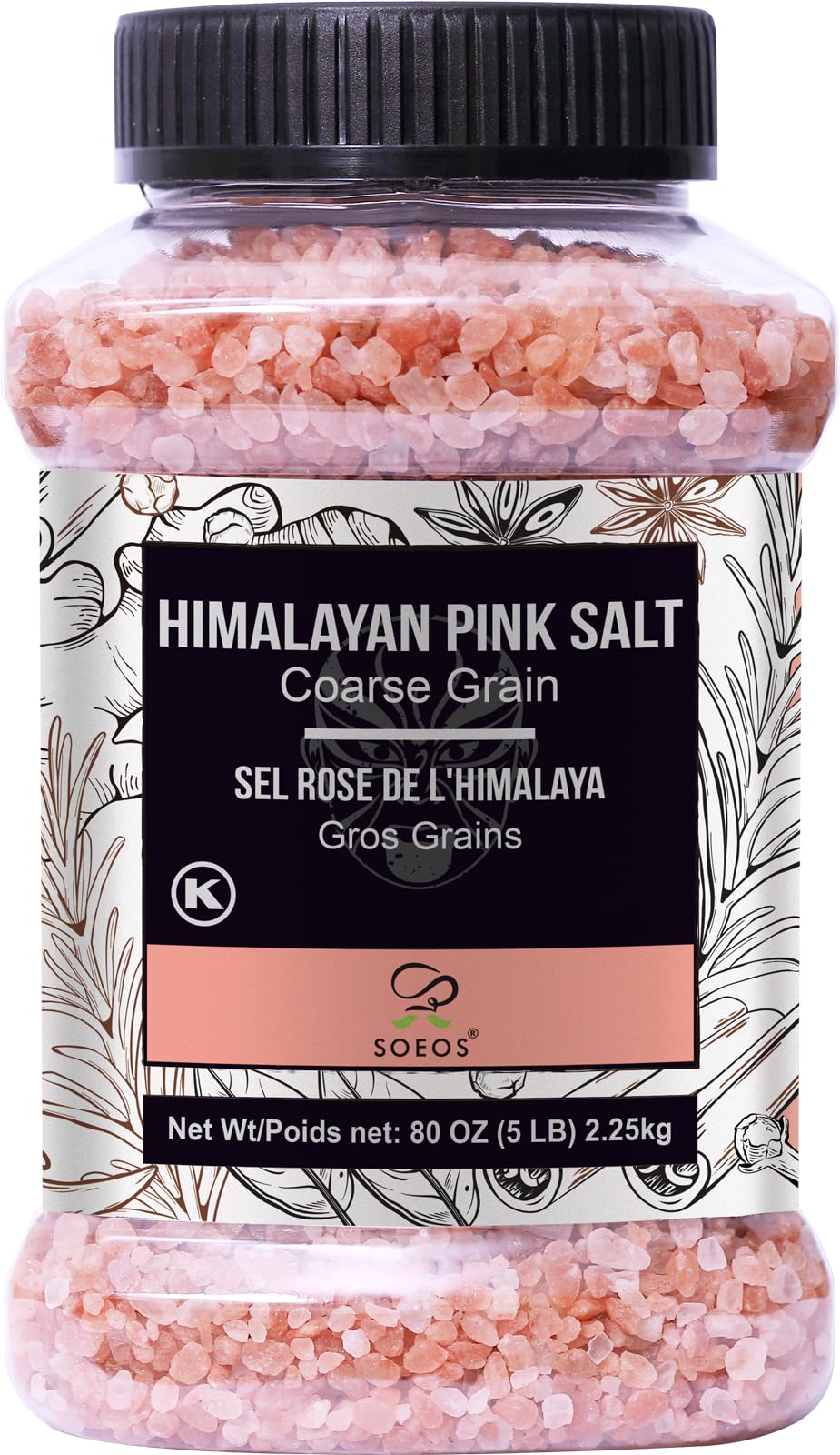 Soeos Himalayan Pink Salt bottle and packaging, top view for easy refill