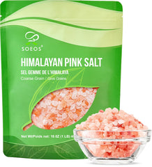 Soeos Himalayan Pink Salt coarse crystals for rich flavor enhancement in cooking.