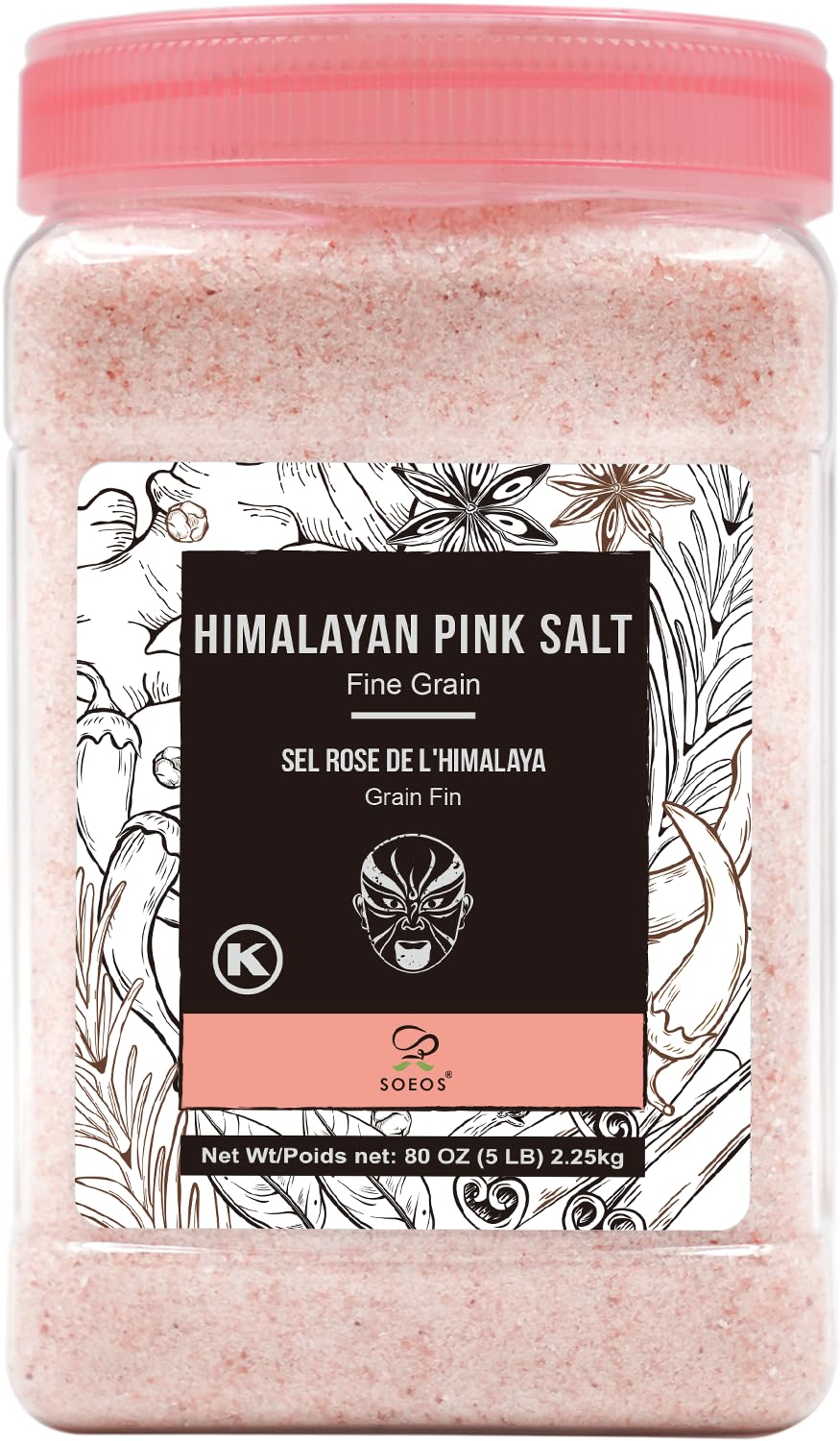 Soeos Himalayan Pink Salt fine-grain 80oz jar enhances everyday cooking with pure mineral flavor.