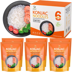 Soeos Konjac Noodles angel hair packaging highlights gluten-free, low-calorie pasta option.