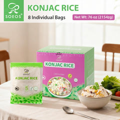 Soeos Konjac Rice dry-packets stacked, space-saving pantry option.