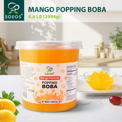 Soeos Mango Popping Boba pearls added to a glass for tropical drinks.
