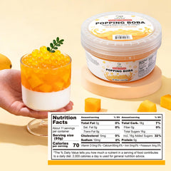 Soeos Mango Popping Boba pearls on dessert bowl for vibrant mango pops.