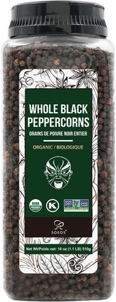 Soeos Organic Black Peppercorns 18oz packshot showcases premium whole peppercorns for freshness