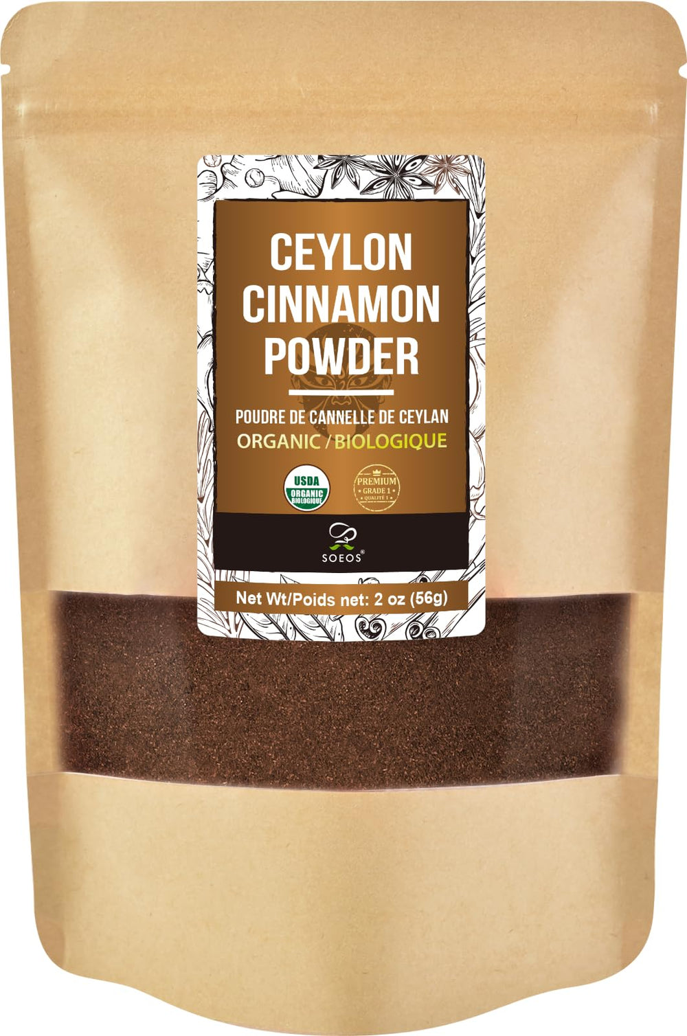 Soeos Organic Ceylon Cinnamon Powder jar showcases premium spice for baking and beverages