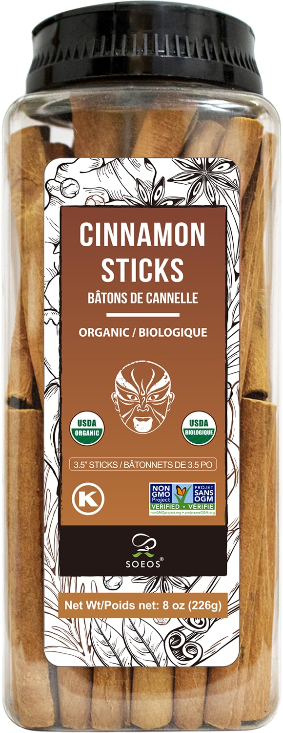 Soeos Organic Cinnamon Sticks front label for easy pantry access