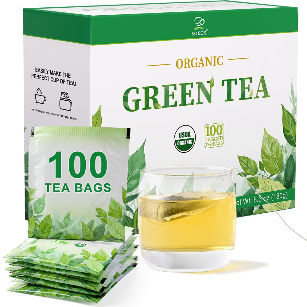 Soeos Organic Green Tea packaging highlights sustainable sourcing and freshness.