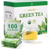 Soeos Organic Green Tea packaging highlights sustainable sourcing and freshness.