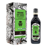 Soeos organic low-sodium soy sauce bottle for healthier, savory flavor.