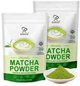 Soeos Organic Matcha powder packaging emphasizes freshness and resealability.