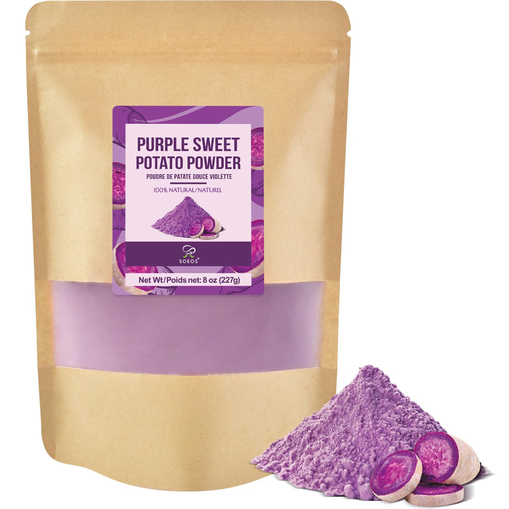 Soeos Purple Sweet Potato Powder bottle shows vibrant color and natural ingredients
