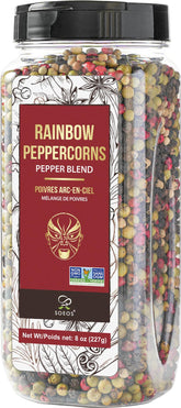 Soeos Rainbow Peppercorns 8oz bottle showcases versatile seasoning.