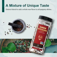 Soeos Rainbow Peppercorns Blend grinder-ready, whole peppercorns for fresh grind.