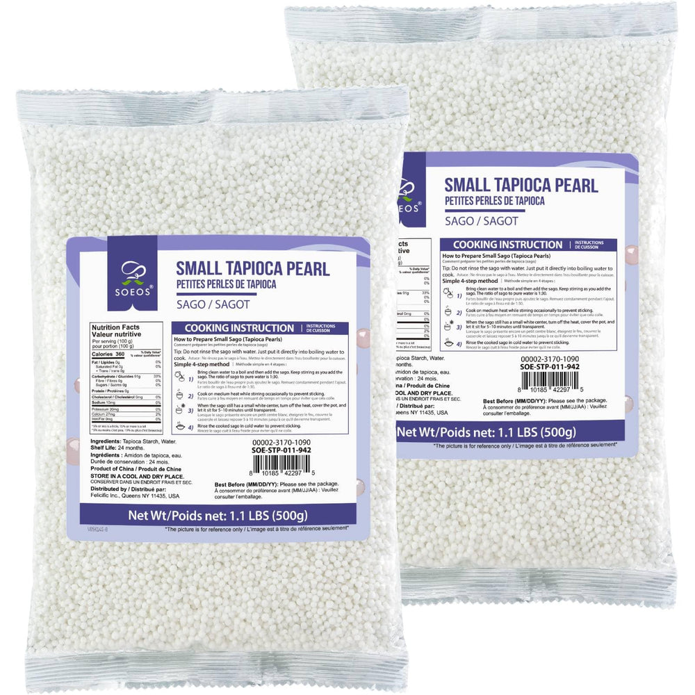 Soeos Sago Tapioca Pearls packaging for easy storage and quick cooking.